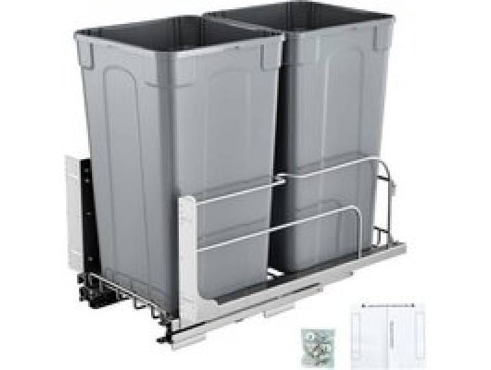 VEVOR ausziehbarer Mülleimer (27 Qt x 2), doppelter Unterbau-Küchenabfallbehälter, Mülleimer mit Türsatz & Soft-Close-Schieberegler, für Küchenschrank Spüle unter der Theke (grau)