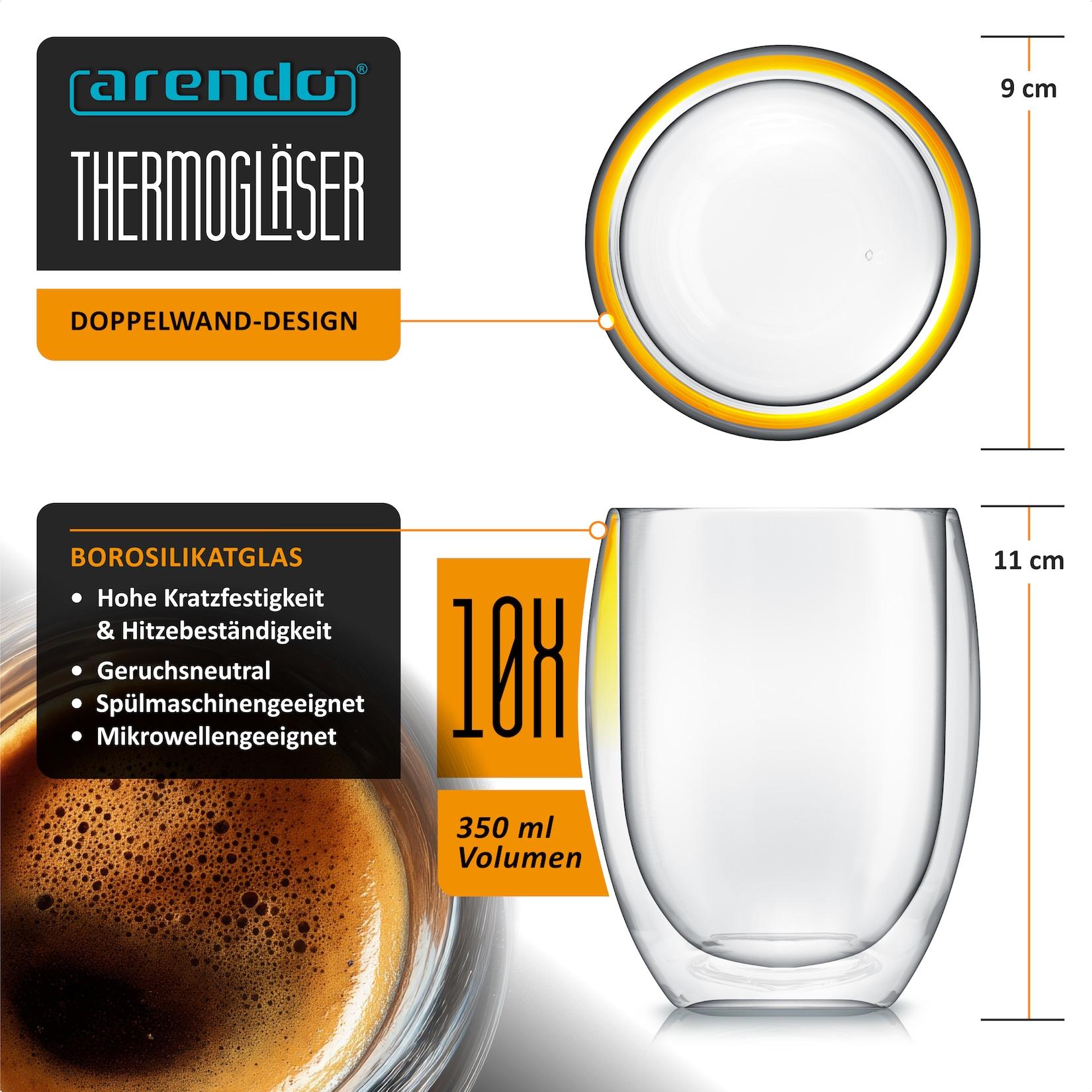 Arendo Thermogläser 10er-Set, je 350 ml, doppelwandiges Borosilikatglas, ohne Henkel, für Kaffee und Tee, spülmaschinen- und mikrowellengeeignet