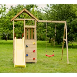 Wendi Toys Holz Spielturm Pelikan | inkl. Rutsche, Kletterwand, Schaukel und Sitzgarnitur | Natur | 280x270x270 cm - Natur