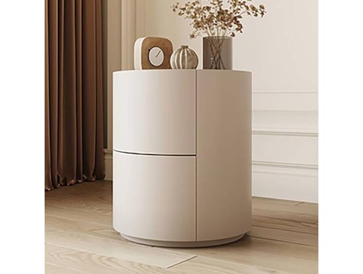 Runder Nachttisch, Nachttische aus Massivholz, Nachttisch mit 2 Schubladen (Farbe: Beige)