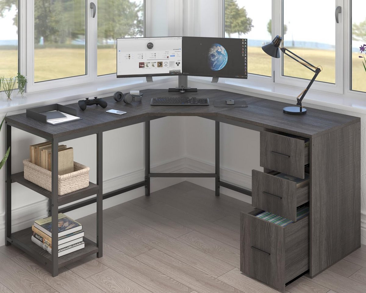 L-vormig thuiskantoor bureau met archiefkast en opbergplanken
