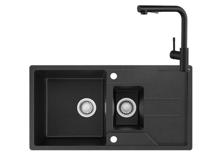 CECIPA 1,5 Becken Spülbecken Schwarz mit Armatur 86 x 45 cm, Granitspüle mit Abtropffläche, Spüle mit ausziehbarer Küchenarmatur, Küchenspüle Schwarz