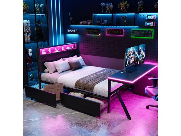 MEULVA Lit plateforme gaming 140 x 200 cm en métal tête de lit LED bureau intégré 2 tiroirs noir