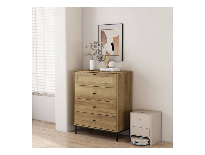 OTTO home Kombikommode Motala Schlafzimmerschrank Garderobe Boho Eichen-Design (Eichen-Design mit Geflecht Schublade und schwarzen Griffen), Schrank Schlafzimmer mit 4 Schubladen hochwertig