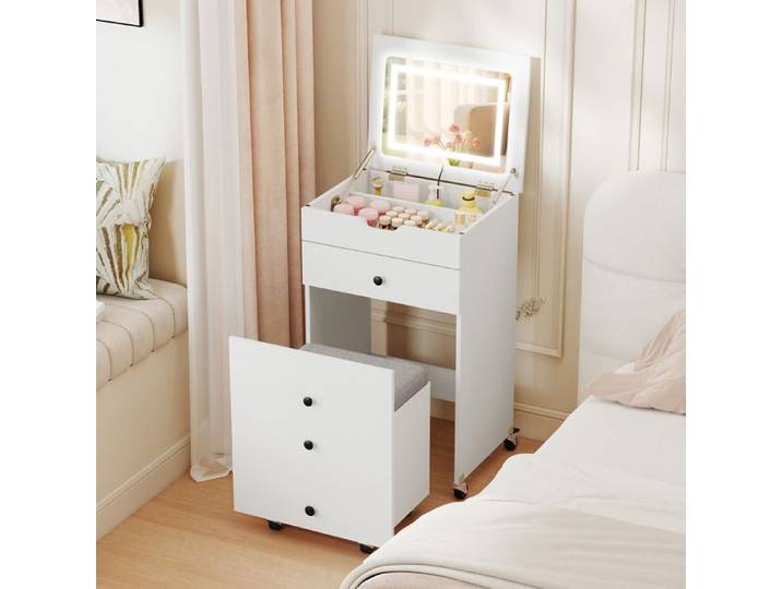 Coiffeuse avec Miroir Rabattable et Tabouret COSTWAY Roulettes Verrouillables Lumière Luminosité Réglables Tabouret de Rangement