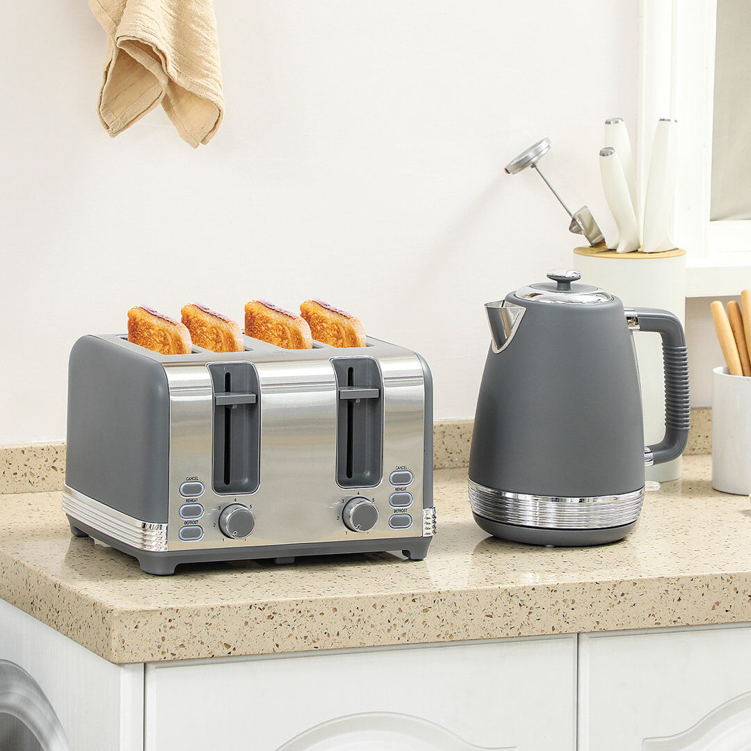 HOMCOM 1.7L 3000W Quick Boil Kettle and 4 Slice Toaster Set Crumb Tray Grey 4 - Slice