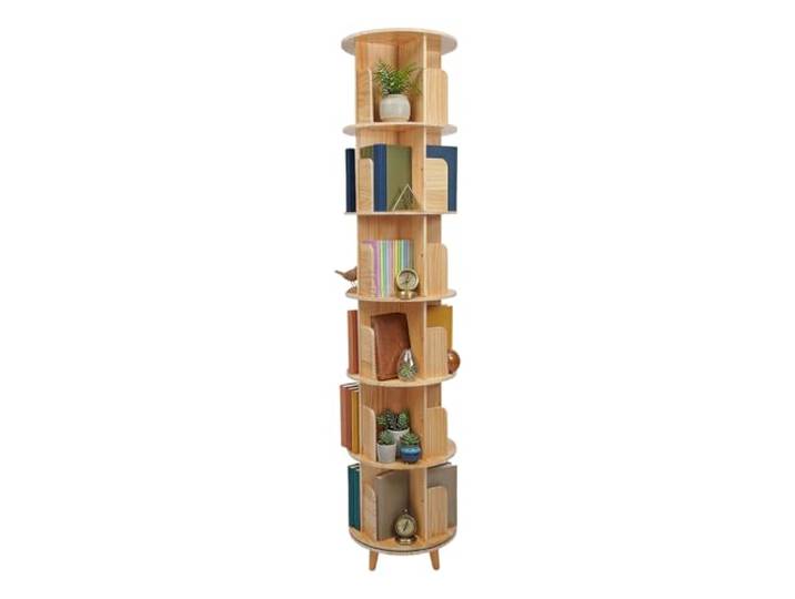 JDBDU Standregal 360°, Für Wohnzimmer & Kinderzimmer 6 Ebenen, 360° Drehbar, Kiefernholz, Ø 46 cm, Mit Anleitung, Für Bücher & Deko