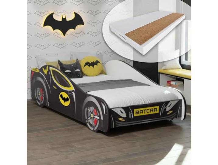 Kids Collective Autobett 80x160 cm Kinderbett Jugendbett mit Rausfallschutz & Matratze Kinder Spielbett Car Auto Bett in Bat Motif schwarz von 3. bis 10. Lebensjahr