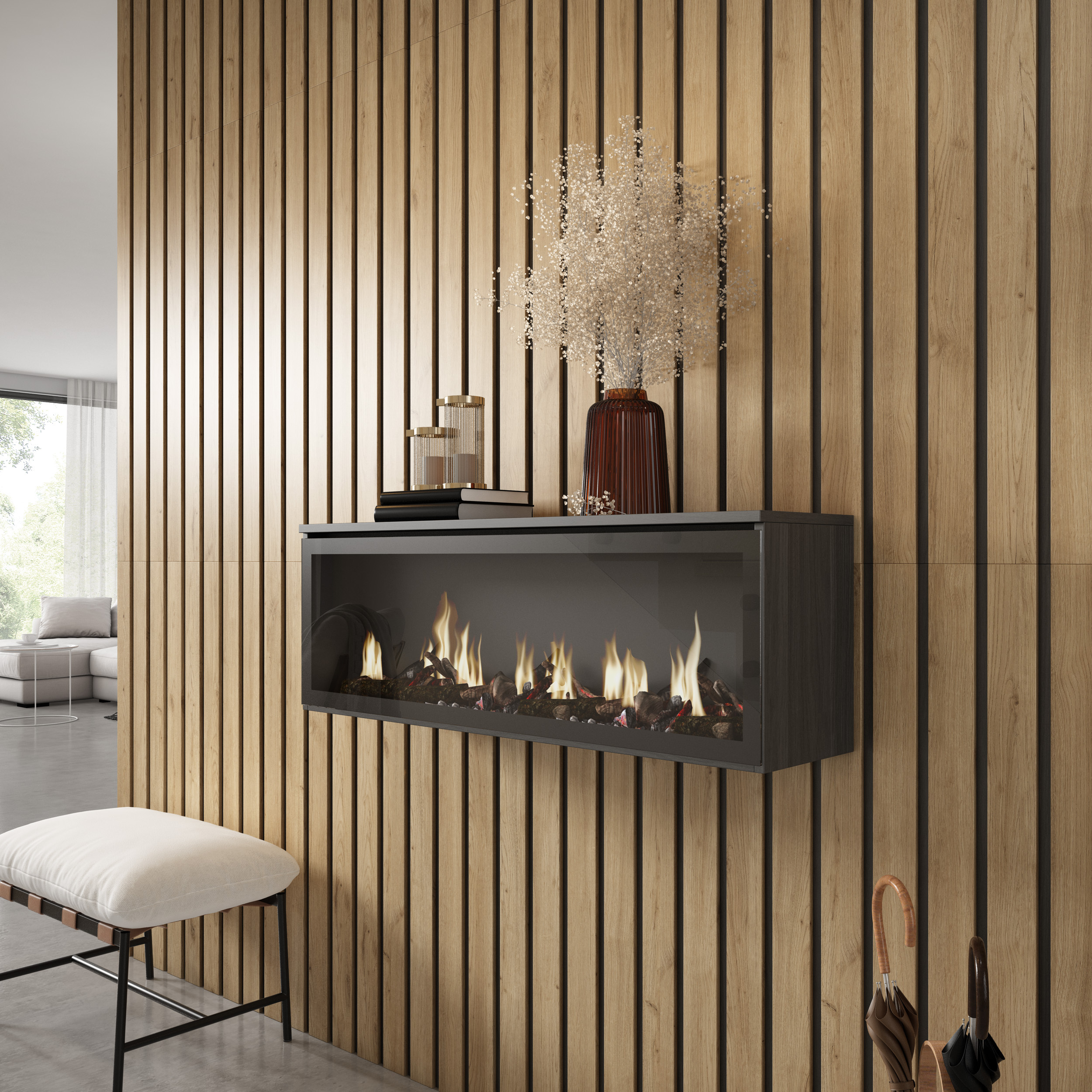 Elektrokamin LED XXL, 107x38x25cm, Wohnzimmer - Esszimmer, Einbaukamin, Hängend, Schwarz
