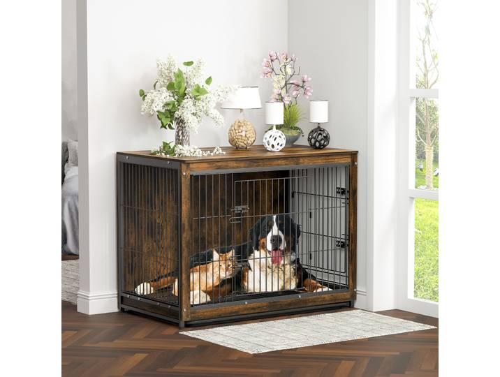 Cage pour animaux de compagnie avec 2 portes et plateau amovible, caisse pour chiens, meubles de table d'appoint, bois et métal, cage pour animaux de compagnie, S, M, L, 3 tailles