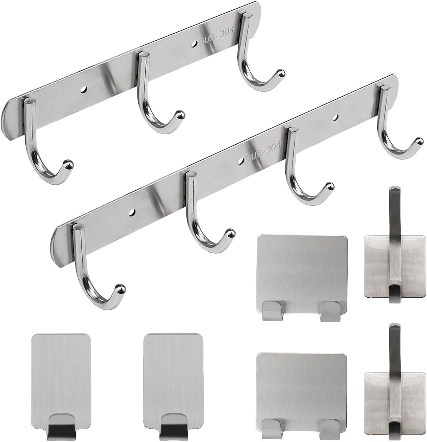 Multifunctionele Wandkapstokset met RVS Haakjes, 4 en 3 Haken met Zelfklevende Haakjes voor Slaapkamer, Badkamer en Keuken, Zilver