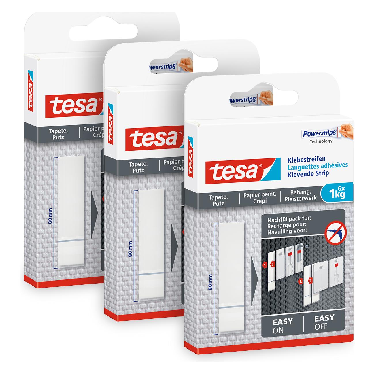 tesa 3x Powerstrips für Tapete & Putz, 1kg Halteleistung, 18 doppelseitige Klebestreifen (77771-00500-00)