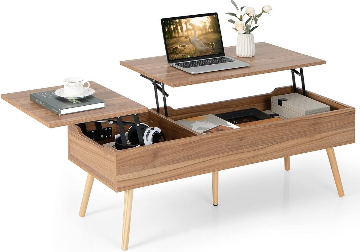 WNHB® Salontafel met Lift Top - Houten Multifunctionele Koffietafel met Opbergruimte en Verborgen Compartimenten - Bruin