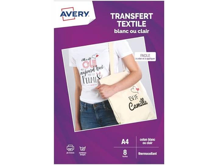 Avery Transferts textiles pour tissus clairs\, A4\, 8 feuilles\, jet d’encre
