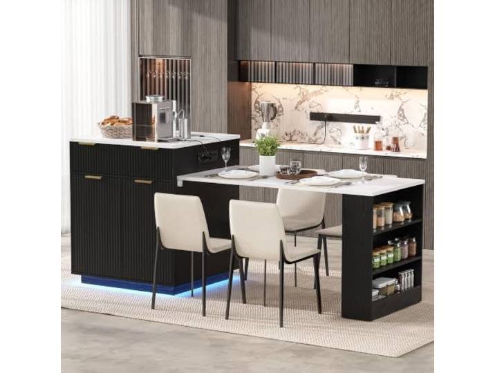 Kücheninsel mit Rollen, Ausziehbarer Esstisch mit LED-Beleuchtung und verstellbaren Regalböden, Küchentisch mit Steckdosenleisten und Schubladen, dient als Kücheninsel, Küche und Esszimmer (Schwarz)