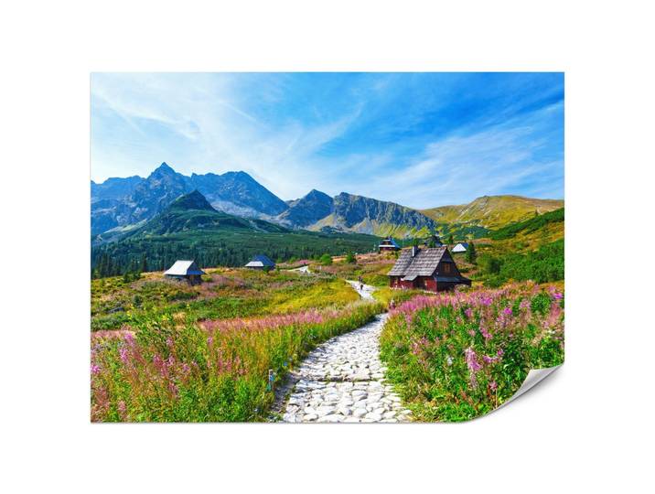 FOTOTAPETE für Wohnzimmer Steinerner Pfad Berge Bäume Häuser Pflanzen 200x140