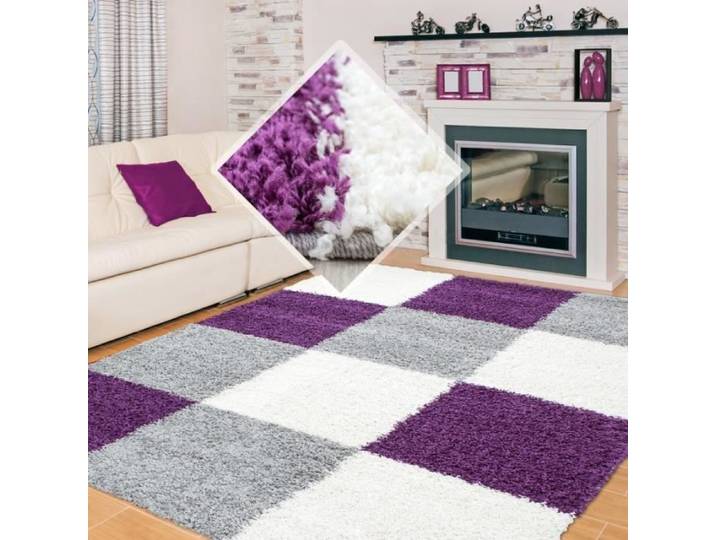Tapis Shaggy CARPETTEX - Motif Carreaux - Violet - 160 x 230 cm