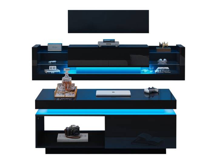 ULEVR Ensemble meuble TV et table basse rectangulaire 181 cm avec LED et finition brillante salon noir
