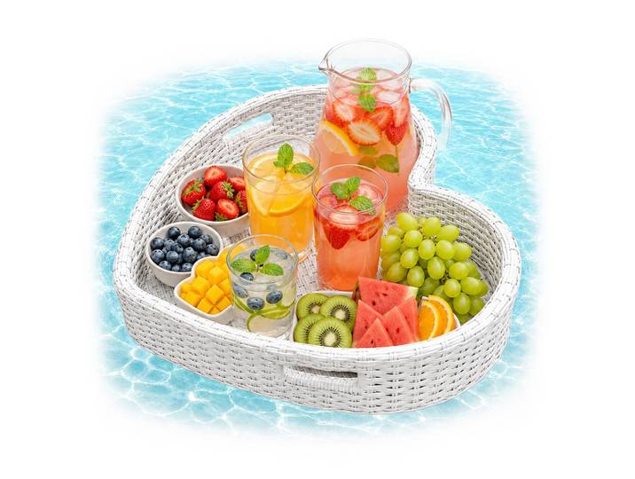 Relaxdays Schwimmtablett Weiß Herzform PE Rattan 60x60 cm, Metall, Textil, 60x20x60 cm, Geschirr, Tischkultur & Serviergeschirr, Tabletts
