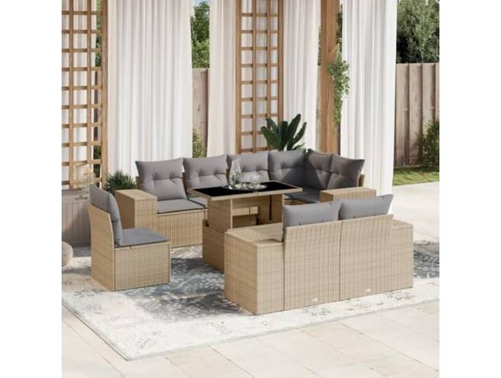 YUTAASU 9-TLG. Poly Rattan Sofagarnitur Beige mit Kissen