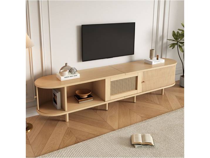Meuble TV bas 180x40x40 cm en MDF bois clair avec 1 tiroir 2 portes coulissantes et plateau ovale