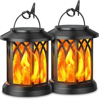 Uplifted Finds 2 Pack Flickering Flame Solar Lanterns   Hanging Outdoor Garden Lights In Bronze & Black black 2 Pack