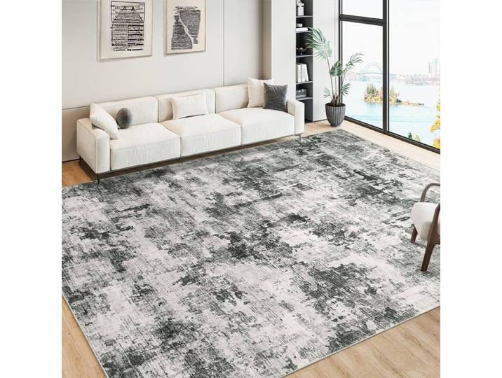 Tapis abstrait lavable 200×290 cm poils courts souples pour salle de jeu gris