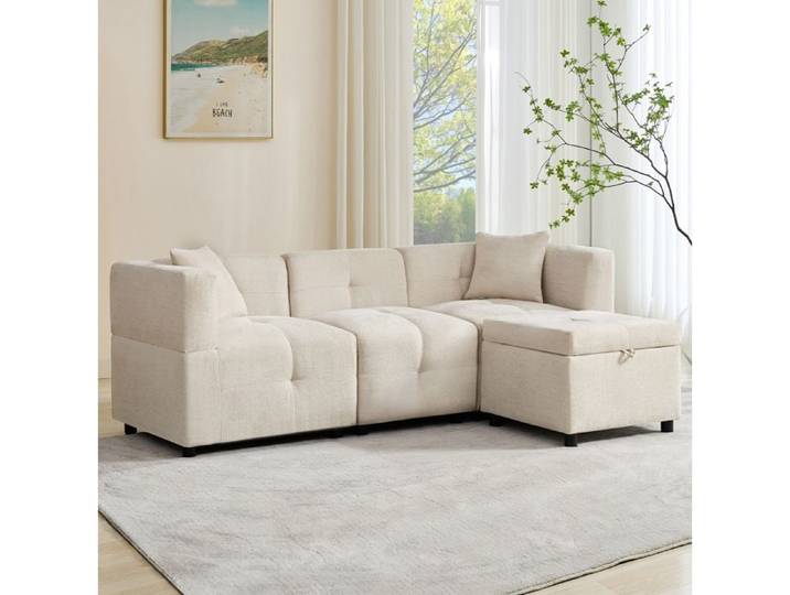 Canapé d angle - SENVIRO - 3 places avec repose pieds modulable rangement 204x126x69cm beige