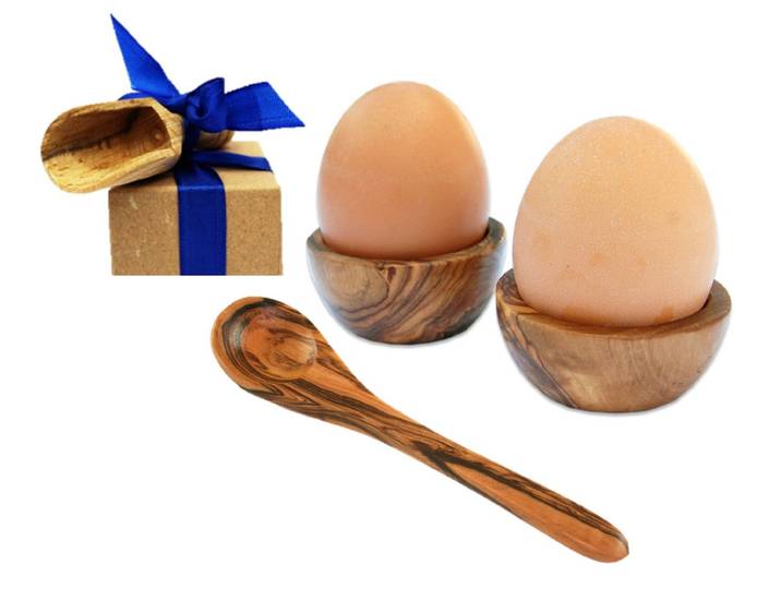 Eierbecher OLIVENHOLZ-ERLEBEN 6er Set Eierbecher PICCOLO plus 6 Eierlöffel aus Olivenholz , braun, B:4cm H:2cm Ø:4cm, Massivholz, Eierbecher, Eierbecher, Die Eierbecher Piccolo sind stapelbar und so besonders platzsparend