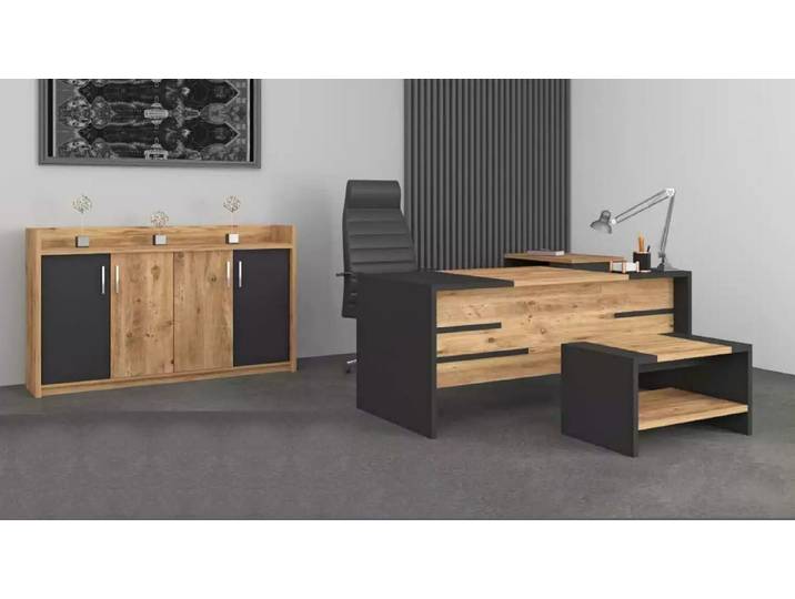 JVmoebel Büromöbel-Set Modernes Büromöbel Set aus Holz in Braun und Schwarz mit Stauraum, (4-tlg., Schreibtisch, Couchtisch, Beistelltisch, Schrank), Made in Europa