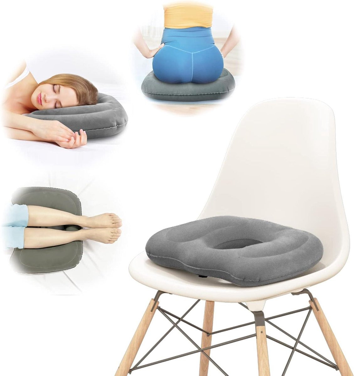 Grijs Opblaasbaar Donut Zitkussen met Ergonomisch Ontwerp - 34 x 28 cm
