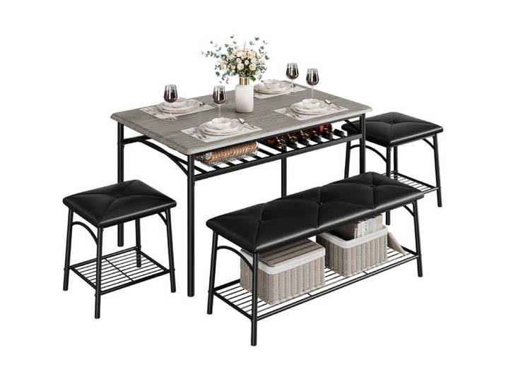 Ensemble table et chaise de salle à manger-4 Personnes–Table avec Bancs Et Tabourets Banc Rembourré Métal Et Bois Rangement Gris