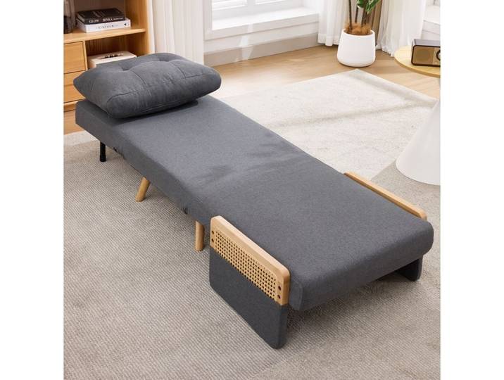 Fauteuil-lit convertible 3-en-1 1 place dossier inclinable 5 positions tissu lin gris accoudoirs rotin VEVXYN