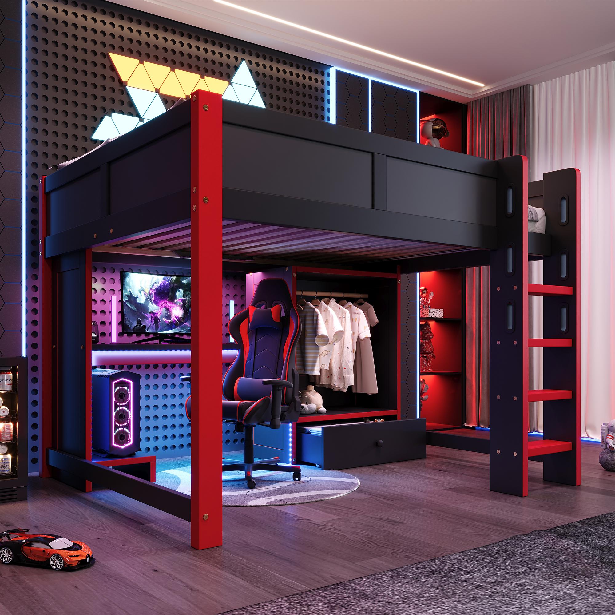 Merax Etagenbett Hochbett 140x200 cm, Gaming Kinderbett mit LED-Beleuchtung, mit Schreibtisch, Kleiderschrank, Regalen, Schublade, Stockbett, Schwarz