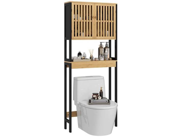 Étagère de toilettes kleankin meuble de salle de bain avec placard 2 portes et étagère ouverte 60L x 21 5l x 172H cm bambou