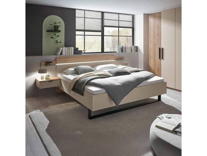 Bett Randers Komfort mit Nachttischen und Beleuchtung 180x200cm Eiche modern, Mit höhenverstellbar