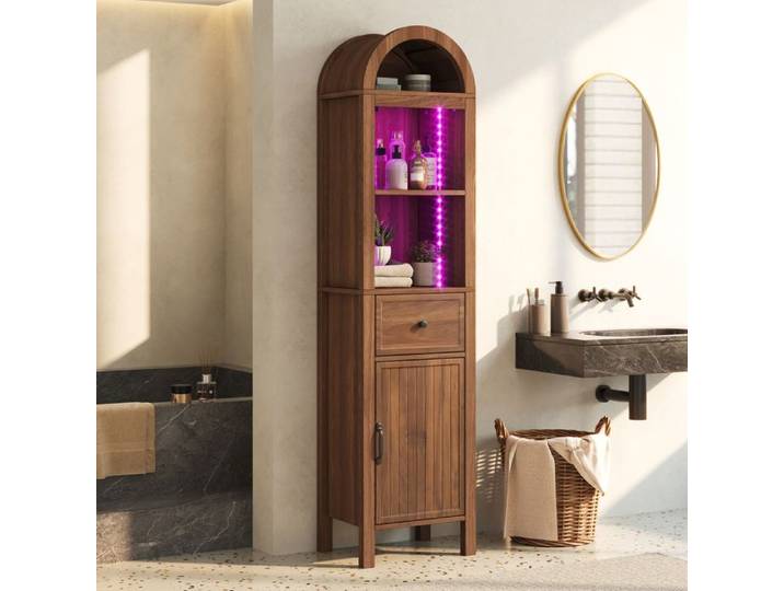 Meuble de salle de bains indépendant 40×30×163 cm plan de travail incurvé avec éclairage LED portes rabattables tiroirs noyer
