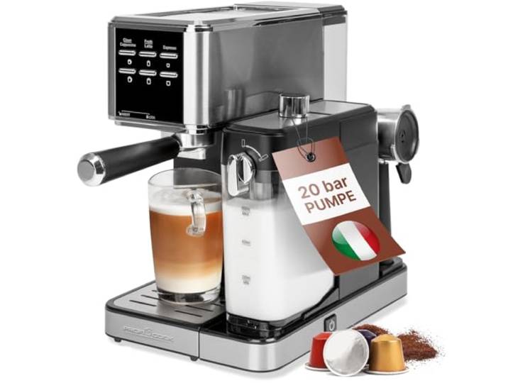 ProfiCook® Machine à espresso 2en1 pour café en poudre et capsules compatibles Nespresso -Machine porte-filtre 20bar-avec système de lait pour café au lait et cappuccino-porte-filtre inclus-PC ES 1266