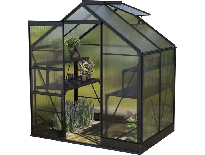 Gewächshaus VITAVIA Apollo 2500 , schwarz, B:195cm H:207,4cm T:136,6cm, Gewächshäuser, Gewächshaus, Alu-Profile, Fundamentrahmen, 4 mm Hohlkammerplatten