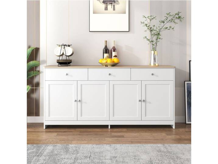 WOVREO Buffet bas 160 cm style campagne 3 tiroirs 4 portes étagères réglables MDF blanc et aspect bois