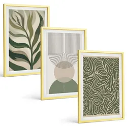 BILDER SET 3er Set - 40x60 cm Goldrahmen - Geometrische Blattformen