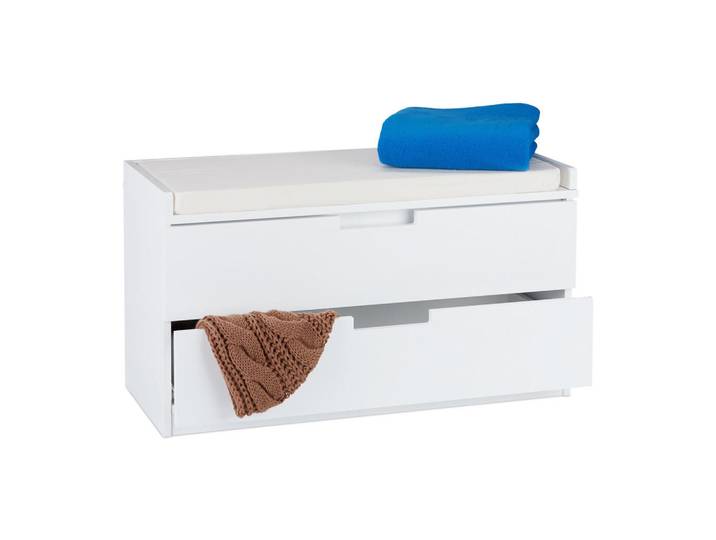 Relaxdays Sitzkommode Weiß 2 Schubladen gepolstert Mdf, 80x45x36 cm, Wohnzimmer, Sessel, Hocker & Hockerbänke, Sitzhocker