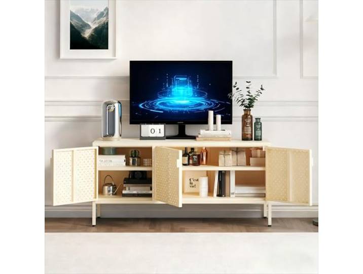 FLEXISPOT TV Schrank Metall Cremeweiß 118x39x55 cm – Sideboard mit Belüftungslöchern, 3 Türen, verstellbaren Füßen, modern, robust, einfach zu montieren für Wohnzimmer, Büro oder Schlafzimmer