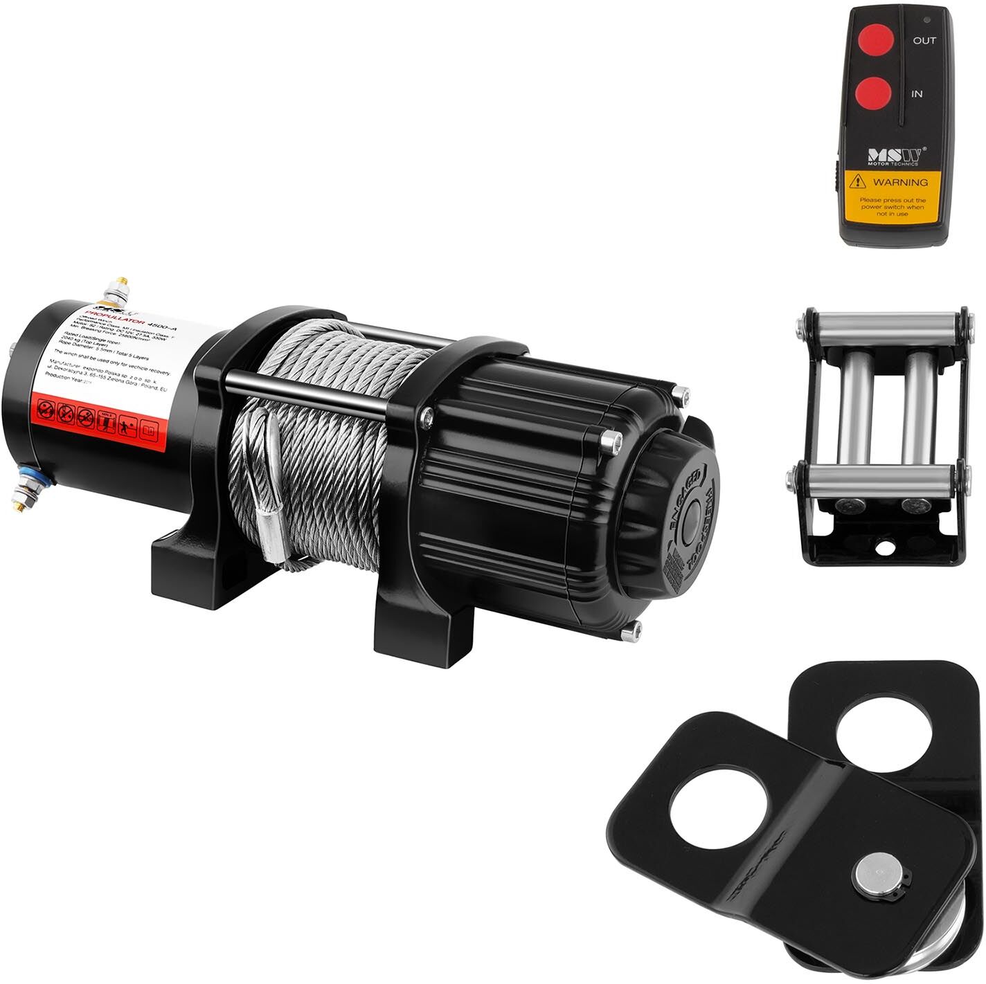MSW Offroad-Seilwinde - 2.040 kg - 4.500 lbs - 12 V - 15 m Stahlseil - inkl. Umlenkrolle
