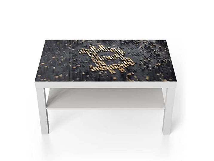 DEQORI Glastisch weiß groß 90x50 cm Motiv Bitcoin Währungszeichen ausgefallener Beistelltisch aus Glas Hochglanz Couchtisch fürs Wohnzimmer moderner Couch Tisch mit Design