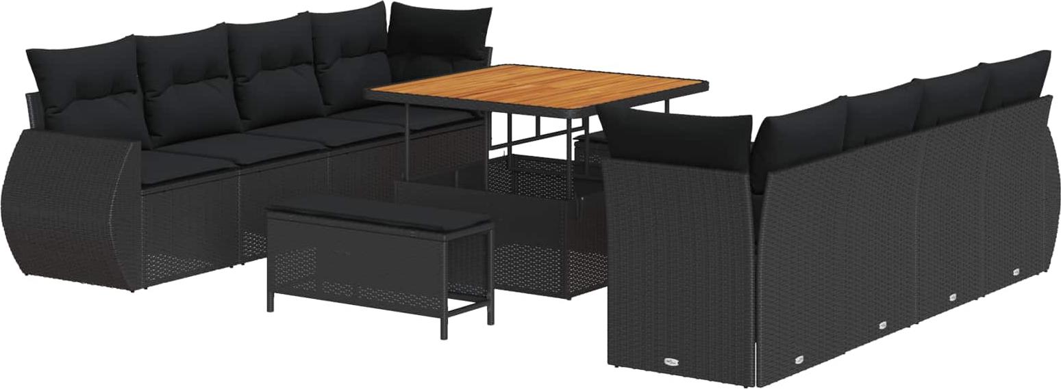 Modulares Garten-Sofa-Set, 11-teilig mit Stauraum, Poly Rattan & Akazienholz, UV-beständig, Schwarz, 8 Sitzplätze