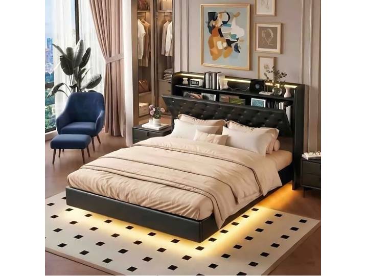Lit Flottant 160x200cm - LED & Prise EU - Tête de Lit de Rangement - Simili Cuir Noir
