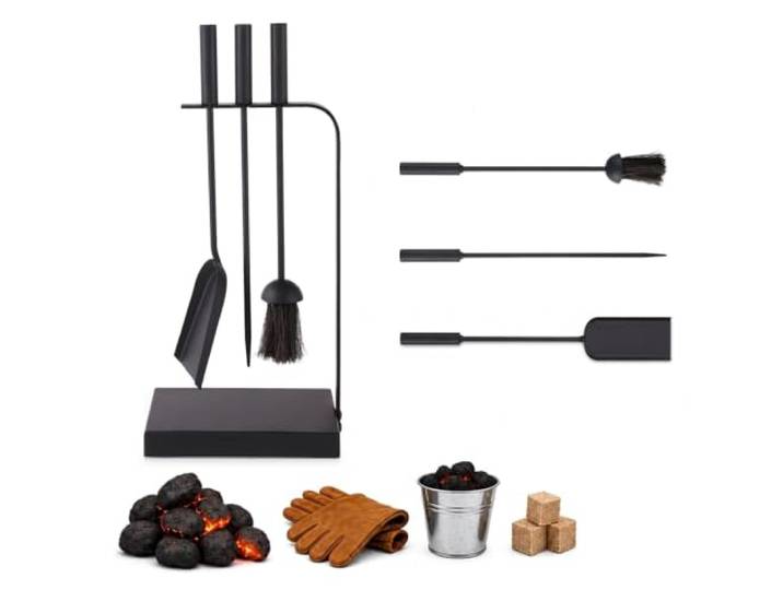 Relaxdays Set d'outils de cheminée\, 4 pièces\, tisonnier\, Noir pelle à cendres\, balayette et support\, design moderne