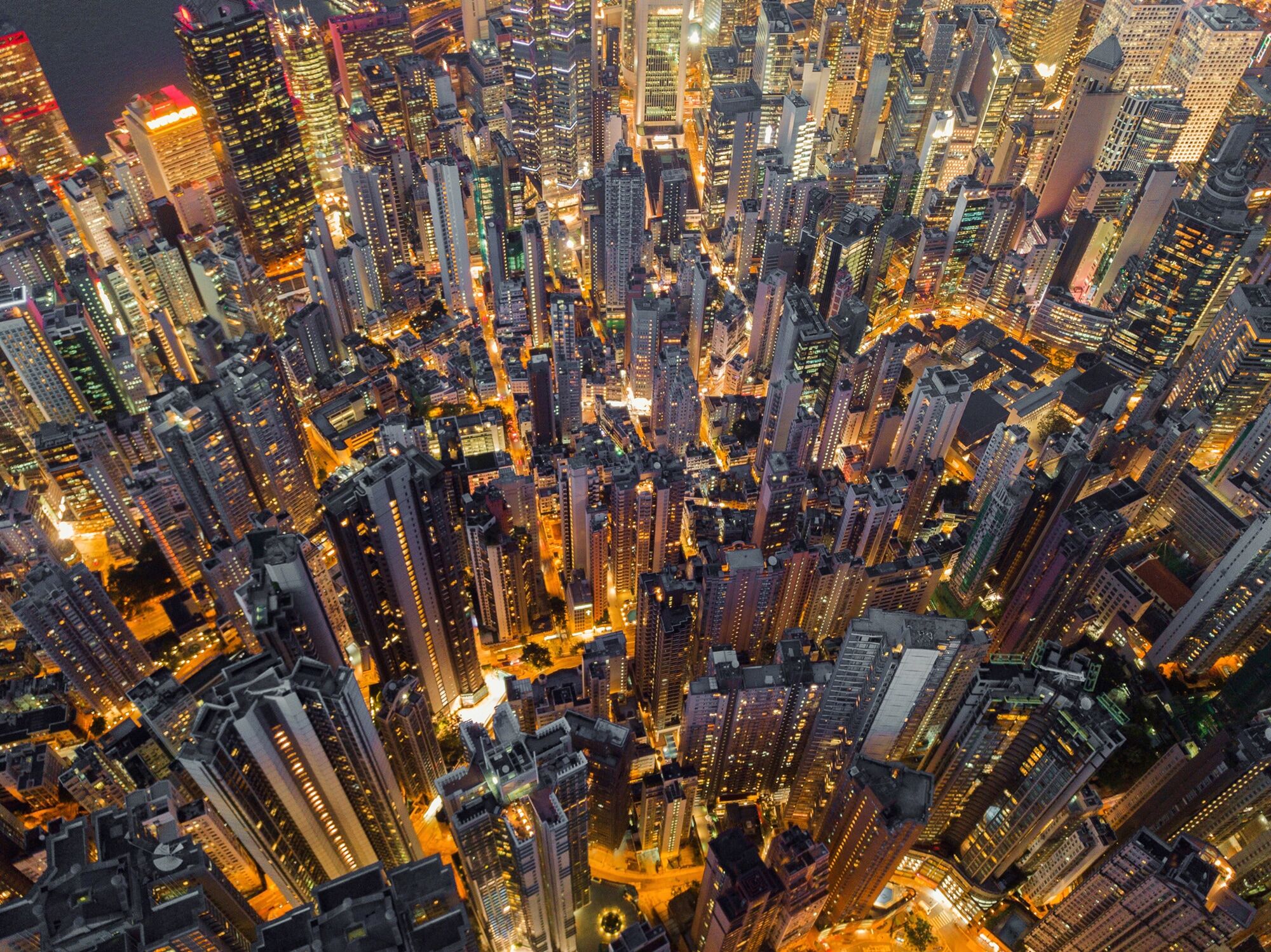 Fototapete PAPERMOON "HONG KONG-VOGEL PERSPEKTIVE SKYLINE NACHT PANORAMA XXL", bunt, B:3m L:2,23m, Vlies, Tapeten, Fototapete bunt B/L: 3m x 2,23m, Bahnen: 6 Stk.