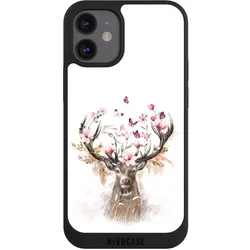 Nivocase Handyhülle für Apple iPhone 12 mini Hülle NIVOpure Case Schwarz Blumen Hirsch Tiere (Apple iPhone 12 mini), Smartphone Hülle, Schwarz